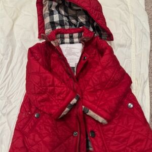 Burberry Kids Red Puffer Jacket with Check Lining